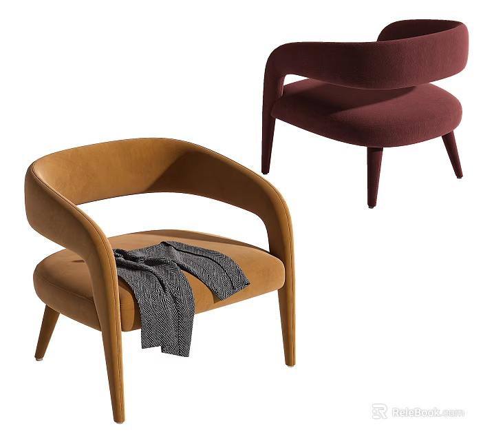 Modern Accent Chair Brown And Burgundy Velvet Upholstered With Armrest And Gray Throw Blanket 3d model 