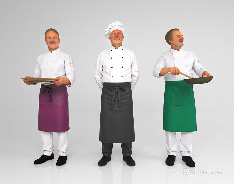 Three Male Chefs Wearing Different Colored Aprons Holding Serving Trays 3d model 