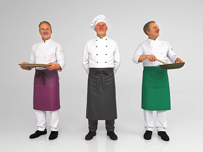 Three Male Chefs Wearing Different Colored Aprons Holding Serving Trays 3d model