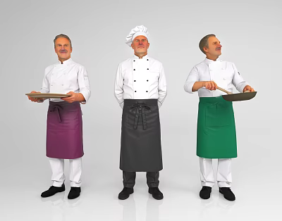 Three Male Chefs Wearing Different Colored Aprons Holding Serving Trays 3d model