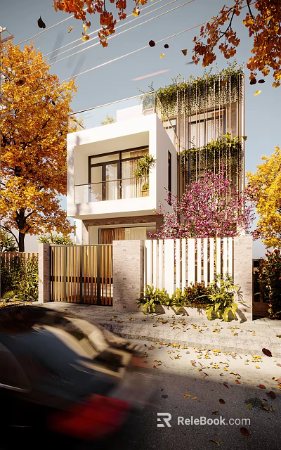 Modern Style Detached Villa With Balcony Courtyard Fence And Autumn Colored Trees Greenery 3d model 