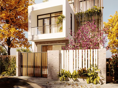 Modern Style Detached Villa With Balcony Courtyard Fence And Autumn Colored Trees Greenery 3d model