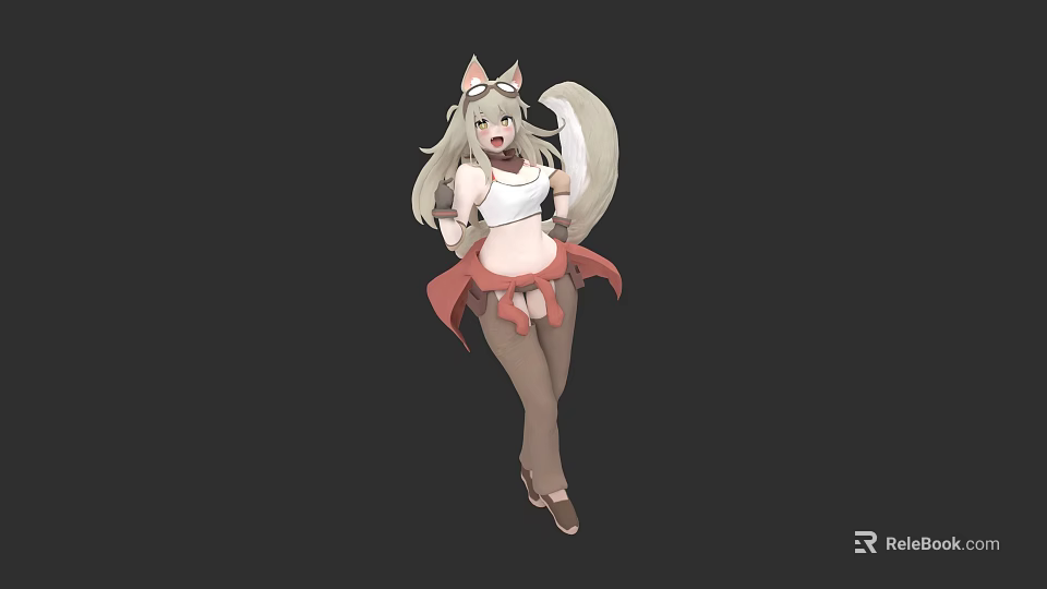 Woman with Cat Ears Tail Wearing White Top Red Skirt Brown Stockings on Black Background 3d model 