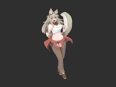 Woman with Cat Ears Tail Wearing White Top Red Skirt Brown Stockings on Black Background 3d model