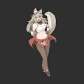 Woman with Cat Ears Tail Wearing White Top Red Skirt Brown Stockings on Black Background