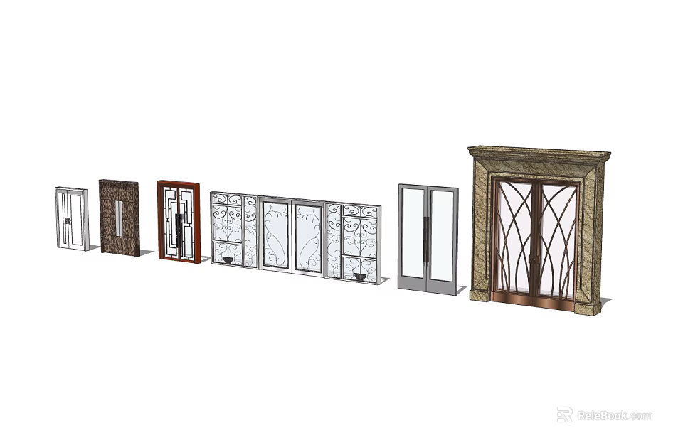 Various Double Doors Designs With Wooden Frames Glass Panels And Carved Patterns 3d model