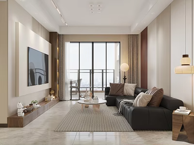 Modern Living Dining Room Interior Design With Sofa TV Wall And Large Windows 3d model