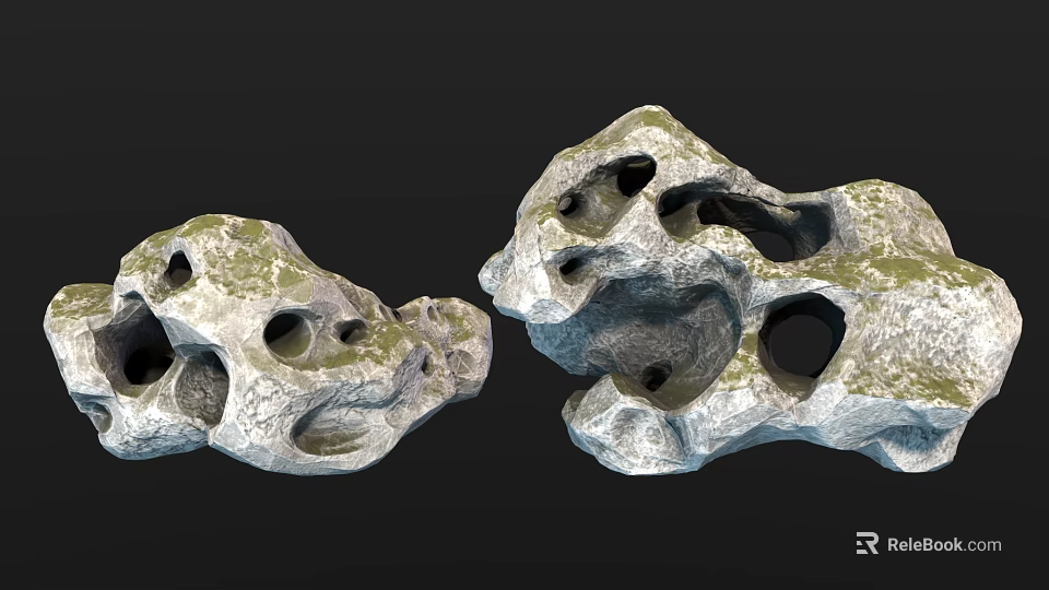 Natural Stone and Wood Decorative Pieces with Holes and Mossy Texture in Natural Shape 3d model 