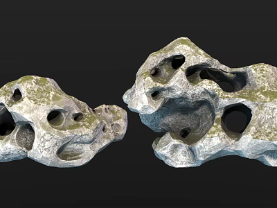 Natural Stone and Wood Decorative Pieces with Holes and Mossy Texture in Natural Shape 3d model