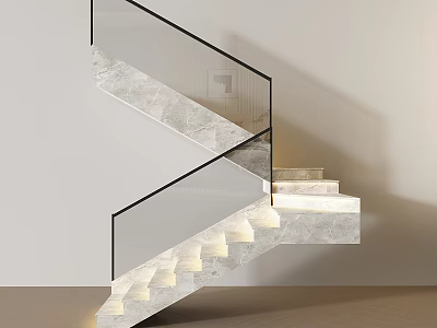 Modern Interior Sleek Glass Railing Marble Staircase with LED Step Lighting 3d model