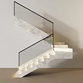 Modern Interior Sleek Glass Railing Marble Staircase with LED Step Lighting 3d model