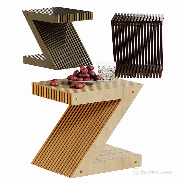 Wooden Z Shaped Corner Table With Red Fruits And Glass Decoration 3d model 