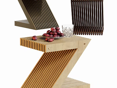 Wooden Z Shaped Corner Table With Red Fruits And Glass Decoration 3d model