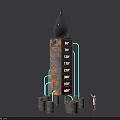 Tall Industrial Tower With Oil Drop Top Temperature Scales And Blue Pipes