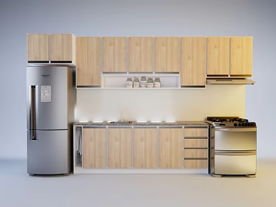 Modern Kitchen Interior With Wooden Upper And Lower Cabinets Refrigerator Stove And Sink 3d model