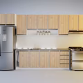 Modern Kitchen Interior With Wooden Upper And Lower Cabinets Refrigerator Stove And Sink