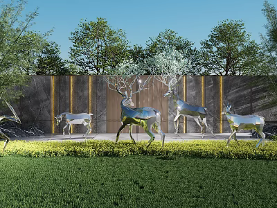 Stainless Steel Deer Sculpture Arrangement on Outdoor Lawn with Trees and Golden Striped Wall 3d model