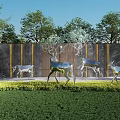 Stainless Steel Deer Sculpture Arrangement on Outdoor Lawn with Trees and Golden Striped Wall