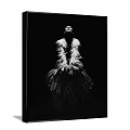 Black and White Portrait Painting with Feather Decorated Attire Head Tilted Back on Dark Background