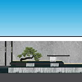 Modern Garden Landscape Design With Gray Wall Bonsai Tree Stone Bench And Cloudy Sky