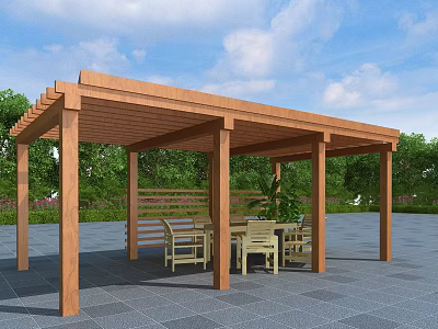 Outdoor Wooden Pergola With Seating Table Chairs And Green Plants Under Blue Sky 3d model