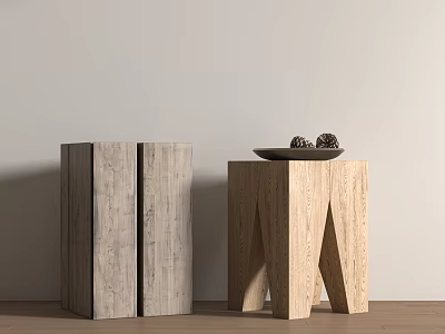 Two Modern Wooden Side Tables With Gray And Light Tones Tray And Pinecones On Top 3d model