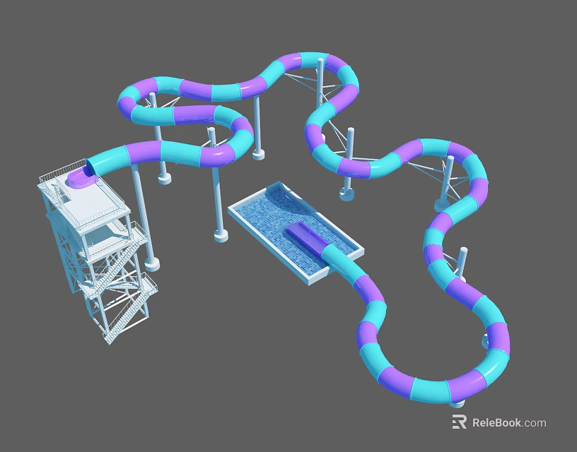 Colorful Blue Purple Curved Water Slide Amusement Equipment With White Tower And Small Pool 3d model 