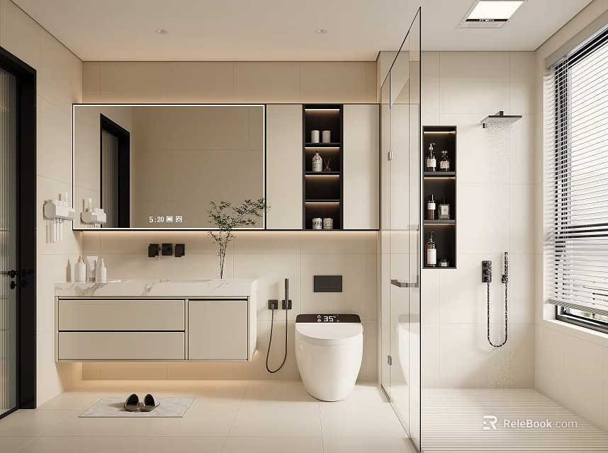 Modern Bathroom Interior With Large Mirror White Vanity Toilet Glass Shower And Built in Cabinets 3d model 