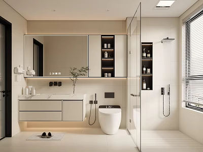 Modern Bathroom Interior With Large Mirror White Vanity Toilet Glass Shower And Built in Cabinets 3d model
