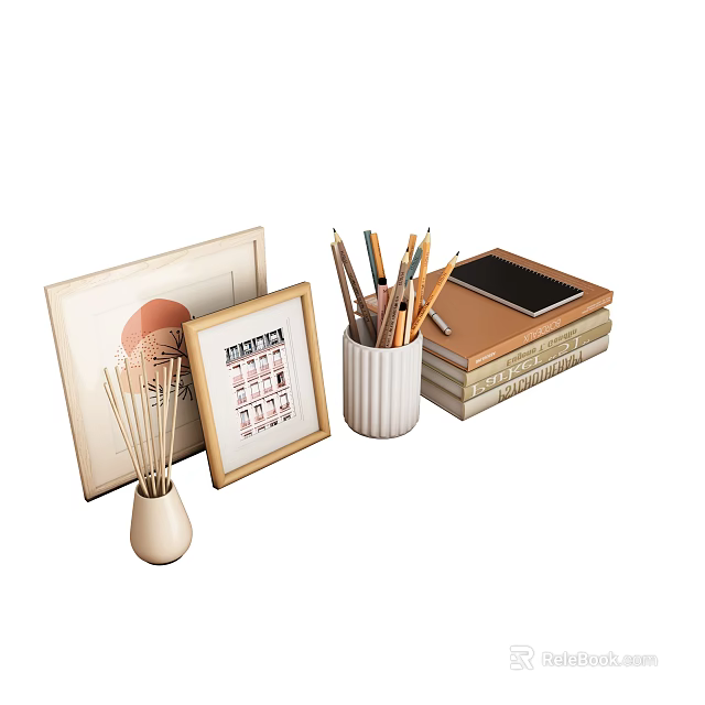 Decorative Ornament Set Featuring Picture Frames Pen Holder Books Mobile Phone And Diffuser 3d model 