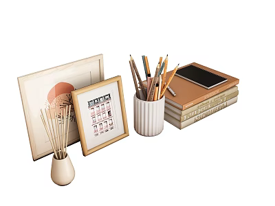 Decorative Ornament Set Featuring Picture Frames Pen Holder Books Mobile Phone And Diffuser 3d model