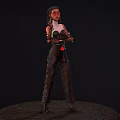 Woman with braided hair red glasses and mechanical arm holding tool in futuristic outfit