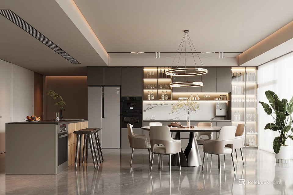 Modern Restaurant Interior Design With Open Kitchen Dining Table Chairs Pendant Lights And Cabinets 3d model