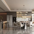 Modern Restaurant Interior Design With Open Kitchen Dining Table Chairs Pendant Lights And Cabinets 3d model