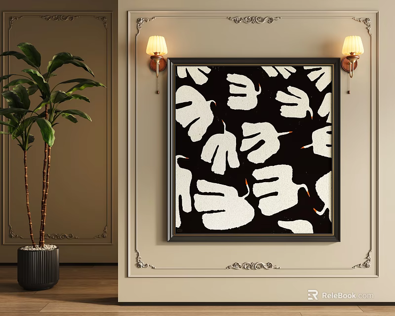 Black and White Leaf Oil Painting Hanging on Wall with Wall Sconces and Potted Plant 3d model 