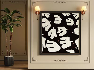 Black and White Leaf Oil Painting Hanging on Wall with Wall Sconces and Potted Plant 3d model