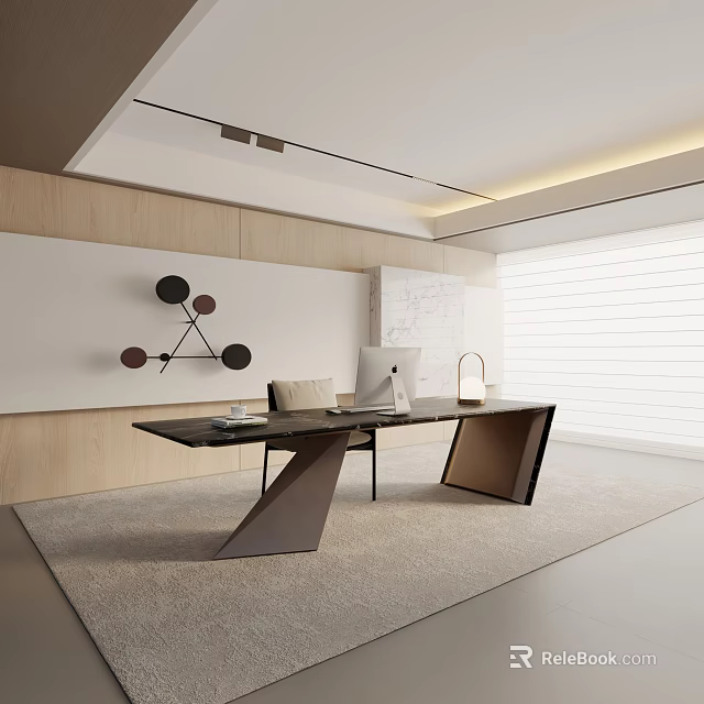 Modern Office Desk And Chair Set With Computer Documents Wooden Wall And Window 3d model 