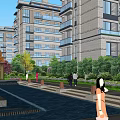 Lush Residential Landscape With High Rise Buildings Cherry Blossom Trees Stream And Walking Path