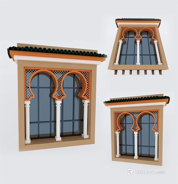 Traditional Architectural Casement Windows With Arched Design Decorative Frames And Columns 3d model 
