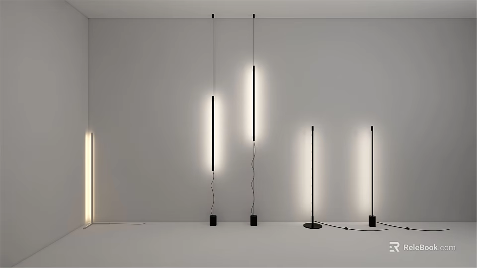 Modern Long Strip Lighting Fixtures With Hanging And Floor Designs In Minimalist White Room 3d model 