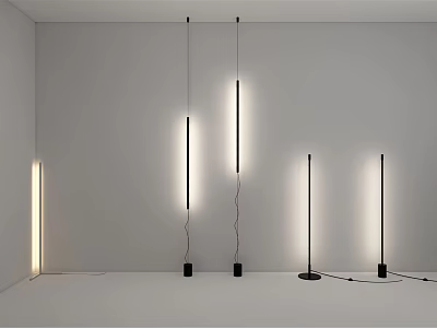 Modern Long Strip Lighting Fixtures With Hanging And Floor Designs In Minimalist White Room 3d model