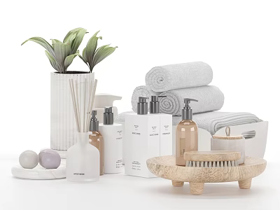 Elegant Bathroom Combination With Rolled Towels Bottles Potted Plant Soap Dish And Decor Balls 3d model