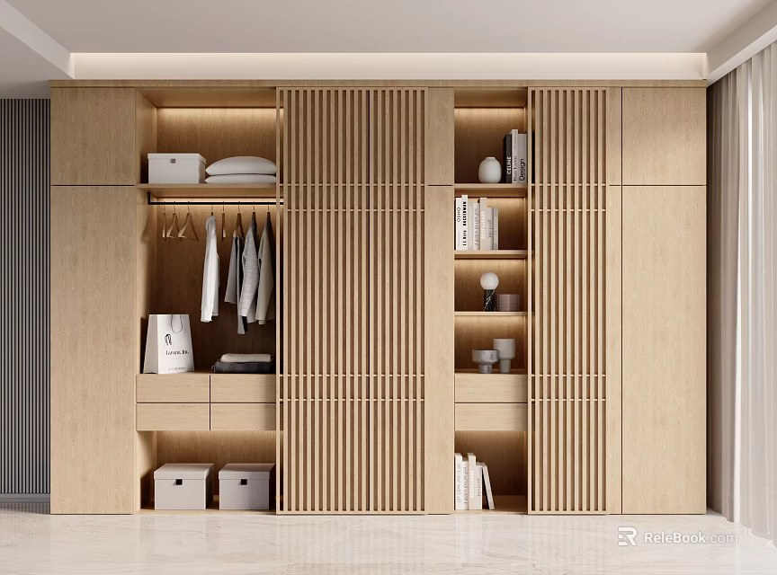 Modern Wooden Built in Wardrobe Interior With Vertical Slat Dividers Hanging Rods And Open Shelves 3d model 