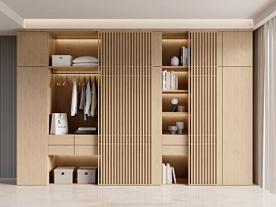 Modern Wooden Built in Wardrobe Interior With Vertical Slat Dividers Hanging Rods And Open Shelves 3d model