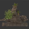 Modern Stone Decorative Sculpture Featuring Green Plants and Natural Rock Design