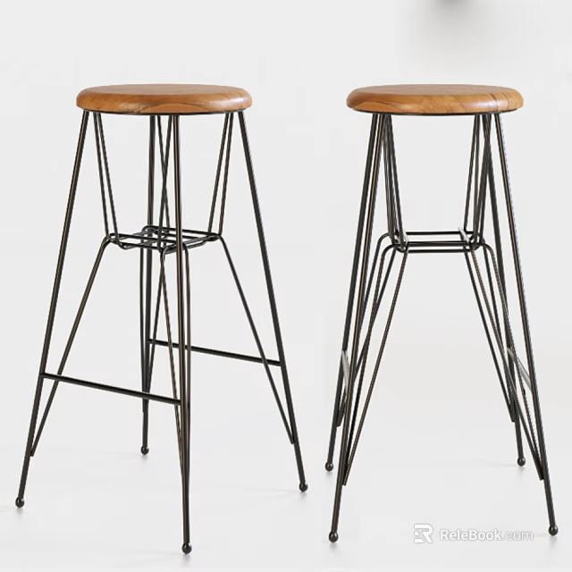 Two Modern Bar Stools With Wooden Seat And Black Metal Frame Design 3d model 