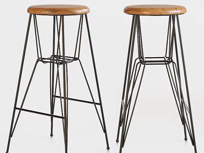 Two Modern Bar Stools With Wooden Seat And Black Metal Frame Design 3d model