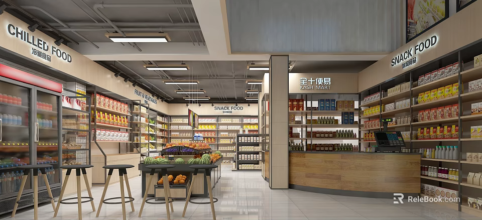 Supermarket Interior With Organized Shelves Fresh Fruits Vegetables Checkout Counter And Products 3d model 