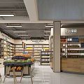 Supermarket Interior With Organized Shelves Fresh Fruits Vegetables Checkout Counter And Products