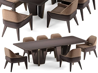 Modern Rectangular Dining Table Set With Dark Wood Top And Upholstered Chairs 3d model